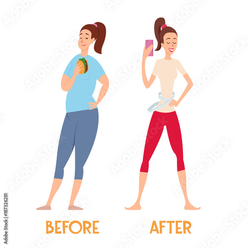 Changes before and after a diet. Slim and fat woman