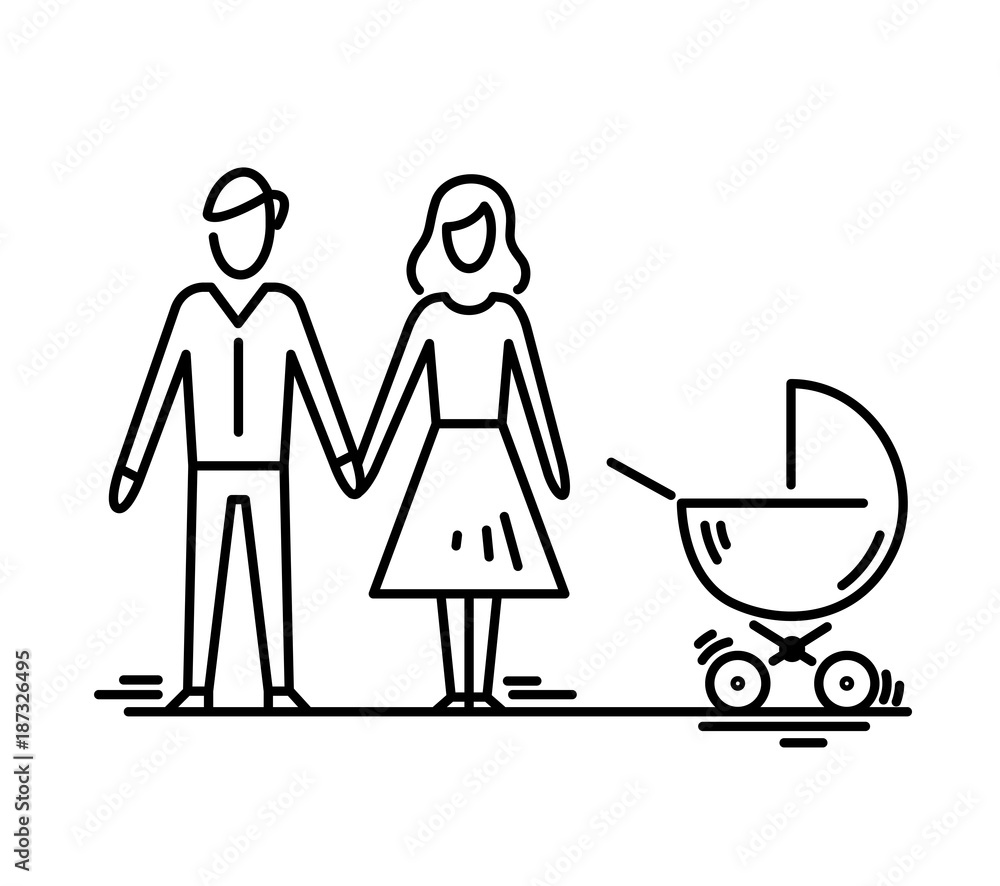 Young family parents with stroller Mother father kid. Young family parents with stroller Mother father kid.