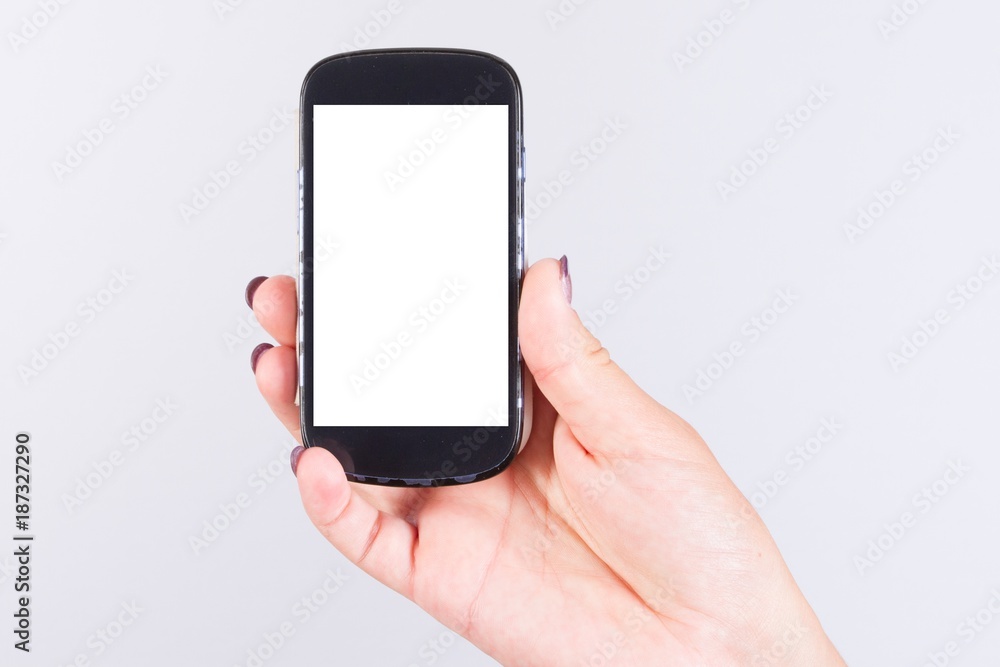 blank white screen for cell phone smartphone in woman hand