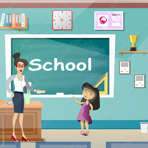 Little girl with teache in classroom