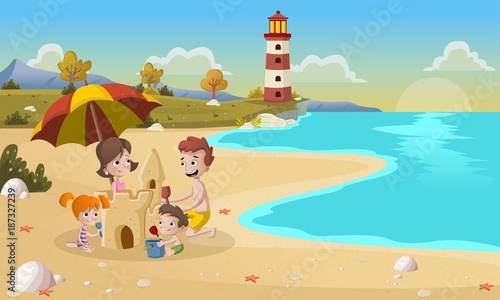 Cartoon family building sand castle on beautiful beach.
