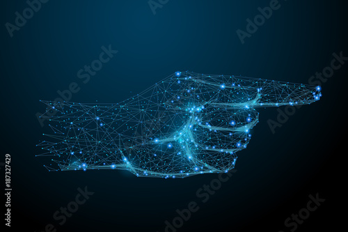 Abstract image of hand with pointing in the form of a starry sky or space, consisting of points, lines, and shapes in the form of planets, stars and the universe. Vector hand gesture. RGB Color mode