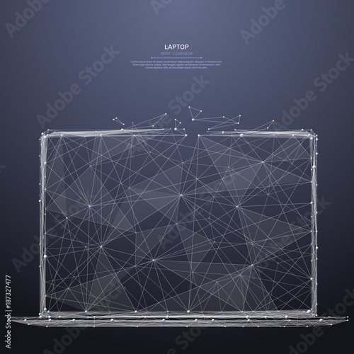 Polygonal laptop low poly wireframe. Business concept. Vector mesh spheres from flying debris. Thin line concept. Blue structure style illustration