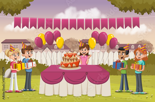 Cartoon girl with her friends at a birthday party in the backyard of a colorful house. Suburb neighborhood.
