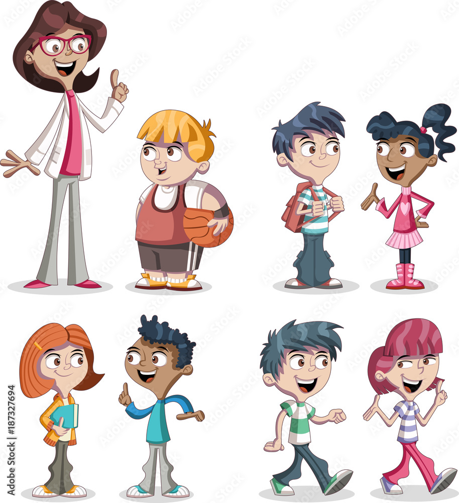 Cute cartoon children and teacher. Teenager students.
Cute cartoon children and teacher. Teenager students.
