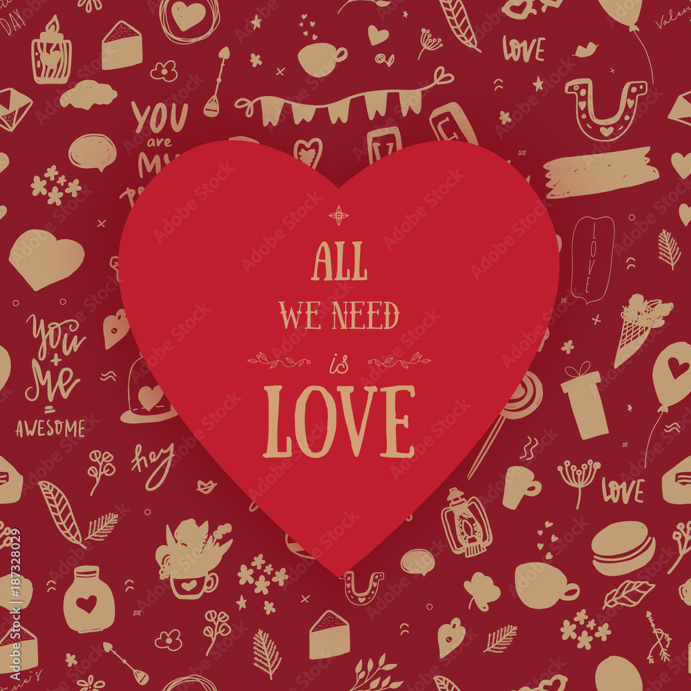 Doodle Valentine poster with hand drawn lettering and graphic elements. Vector greeting card on red background Doodle Valentine poster with hand drawn lettering and graphic elements. Vector greeting card on red background