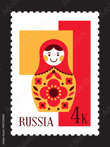 Matryoshka russian nesting doll postal stamp, mail from Russia