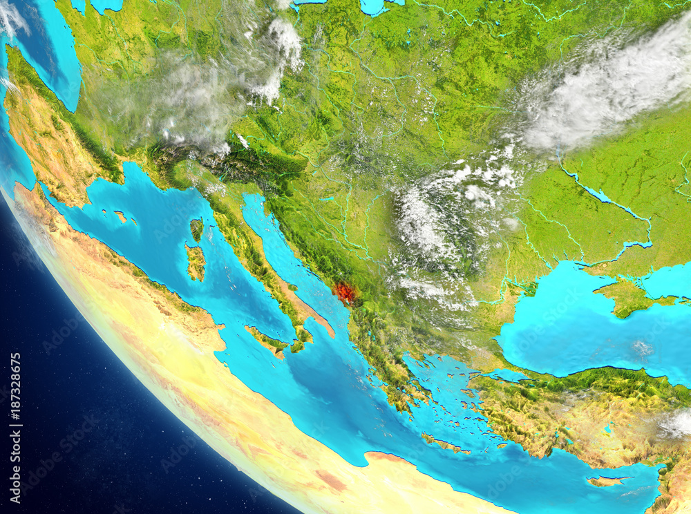 Satellite view of Montenegro in red