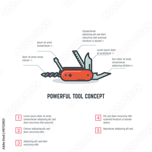 Red swiss army knife. Multi Tool concept. Tools and options with numbers. Infographic for multifunctional applications.
