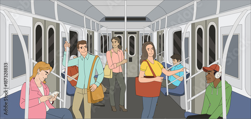 People in a metro train. Passangers In Subway. Public Transport.
