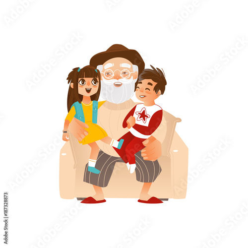 Grandfather holding grandkids, grandchildren on his knees, family portrait, flat cartoon vector illustration isolated on white background. Grandfather, grandpa with grandchildren, happy family concept