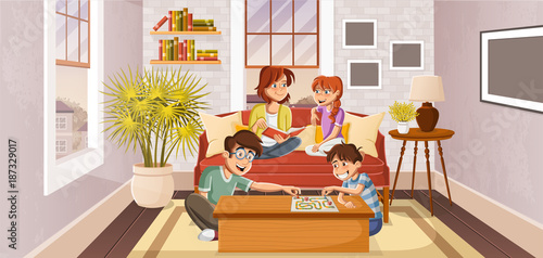 Happy cartoon family in the living room.
