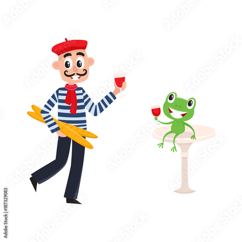 vector cartoon young man in scarf striped pullover beret holding baguette bread loafs and glass of red wine, frog sitting with wine. French parisian style . Isolated illustration ona white background