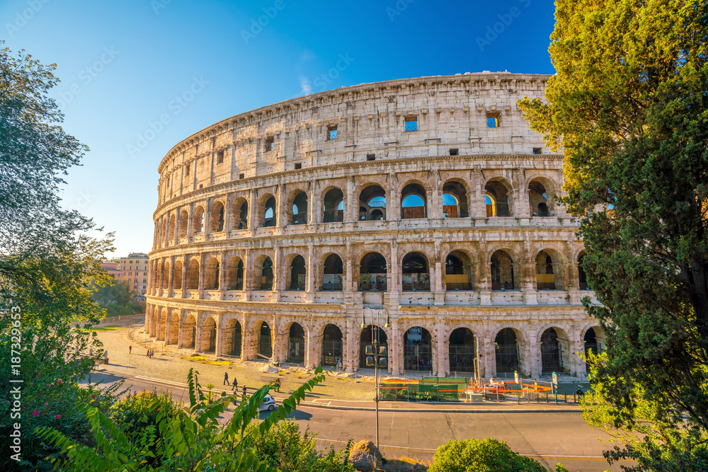 View of Colosseum in Rome with blue sky