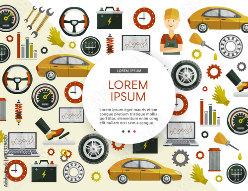 vector flat poster with car service symbols pattern. Man professional mechanis, car parts repairing process, tools, equipment and laptop with growing performance graph. Illustration isolated