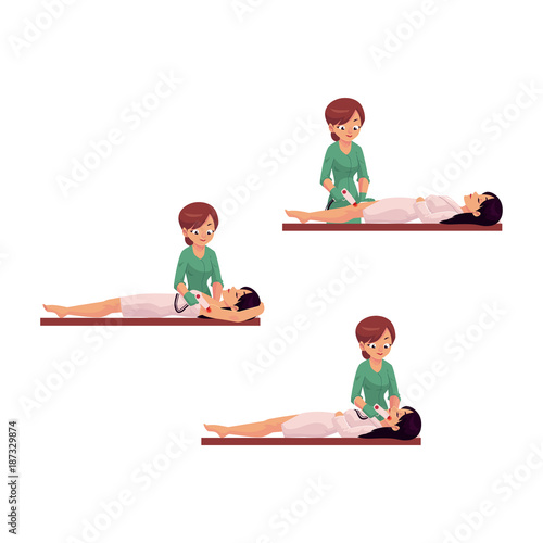 vector cartoon salon hair removal scenes set. Woman therapist in professional cosmetology beauty clinic removing hair from face, legs and armpits of young cute girl by laser. Isolated illustration