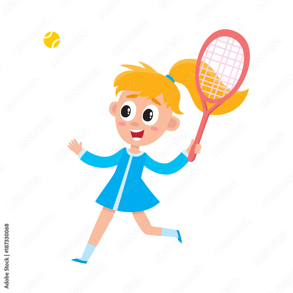 Pretty girl in summer dress playing badminton with ball and racket, cartoon  vector illustration on white background. Full length portrait of cartoon  blond girl with ponytail playing badminton Stock Vector | Adobe