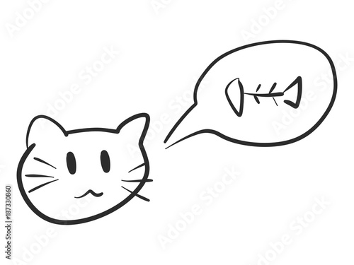 Black doodle hand drawing in cat thinking about fish bone shape on white background