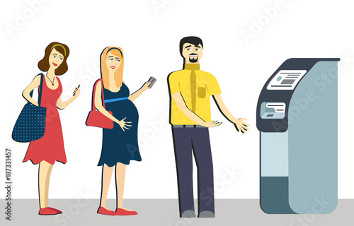 Queue at the ATM.Disgruntled people are standing in line for an isolated background.pregnant woman in queue. terminal machine bank.withdrawing money from ATM.Banking concept vector