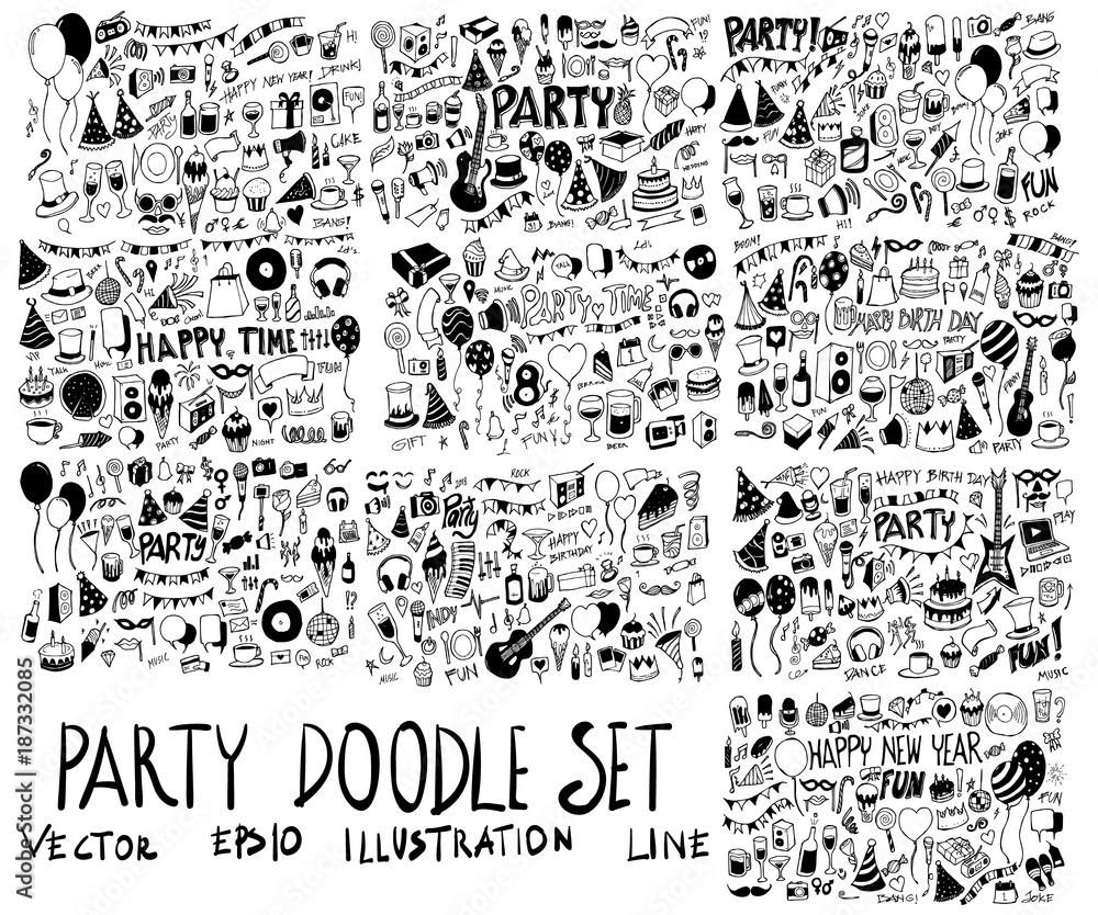 Set of Party illustration Hand drawn doodle Sketch line vector scribble eps10