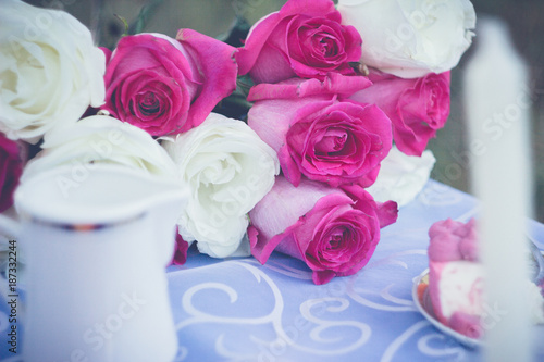 bouquet of pink and white roses