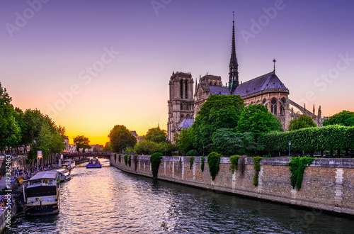 Sunset view of Cathedral Notre Dame de Paris in Paris, France