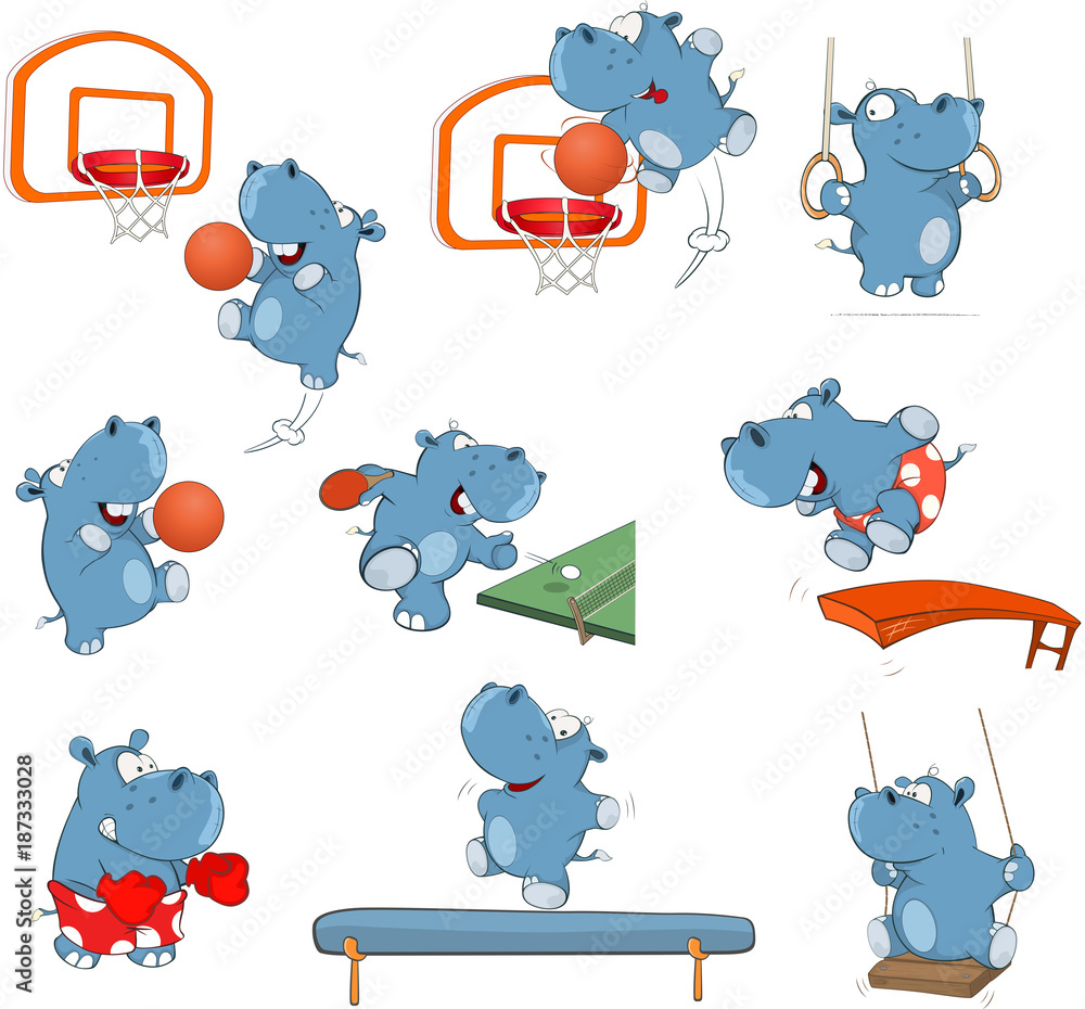 Fotobehang Babykamer Set of Cartoon Illustration.  A Cute Hippo for you Design #187333028