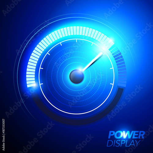 vector illustration of blue abstract car fuel power speedometer pushing to limit with cool engery glow effects. 