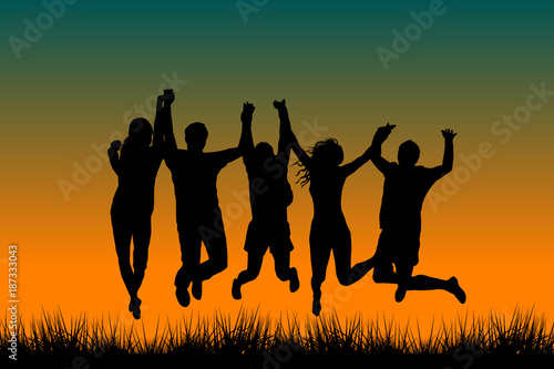 Men and woman holding their hands and jumping