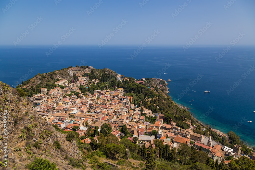 Taormina, Sicily, Italy. The historical center of the city and the ruins of the ancient Greek theater