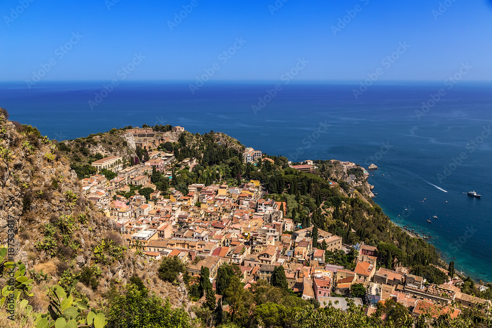 Taormina, Sicily, Italy. Scenic view of the city and the ancient Greek theater, III century BC.