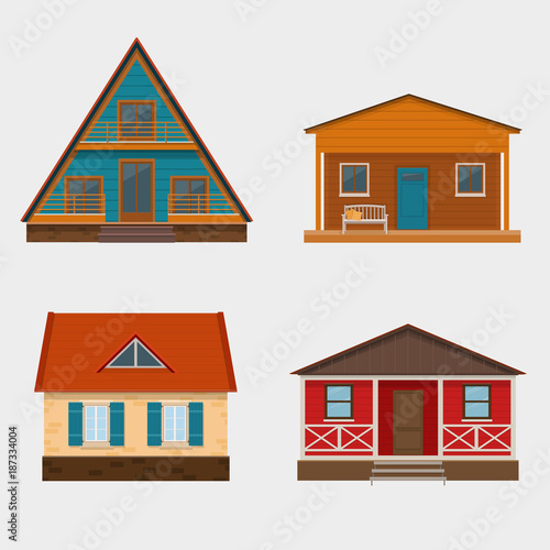 Set of detailed cottage houses and alpine chalet