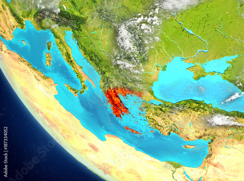 Satellite view of Greece in red