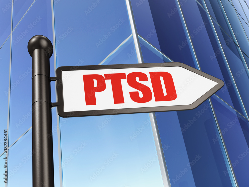 Health concept: sign PTSD on Building background, 3D rendering Health concept: sign PTSD on Building background, 3D rendering