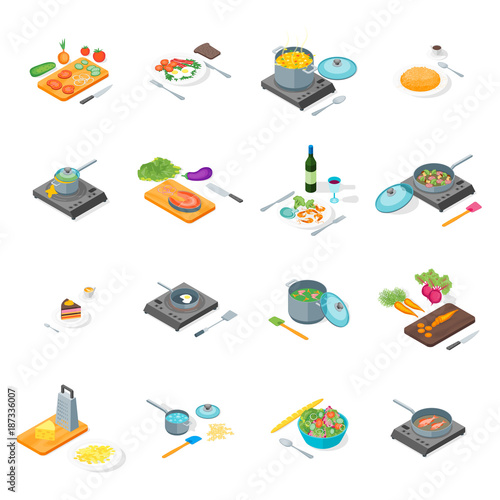 Cooking or Preparation Food Icons Set Isometric View. Vector