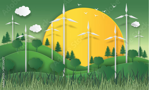 concept of eco, Solar energy concept with wind turbines high voltage green energy generator alternative power farm landscape background. Creative Idea paper art style. Vector Illustration