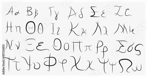 Hand drawn Greek alphabet, black isolated on white background.