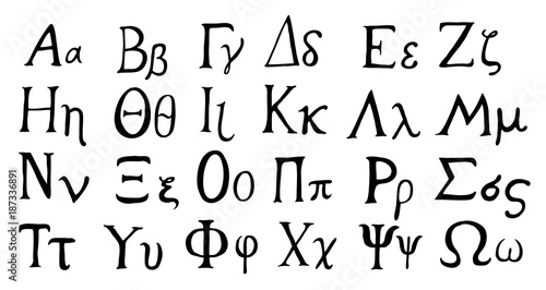 Hand drawn Greek alphabet,  black isolated on white background.
