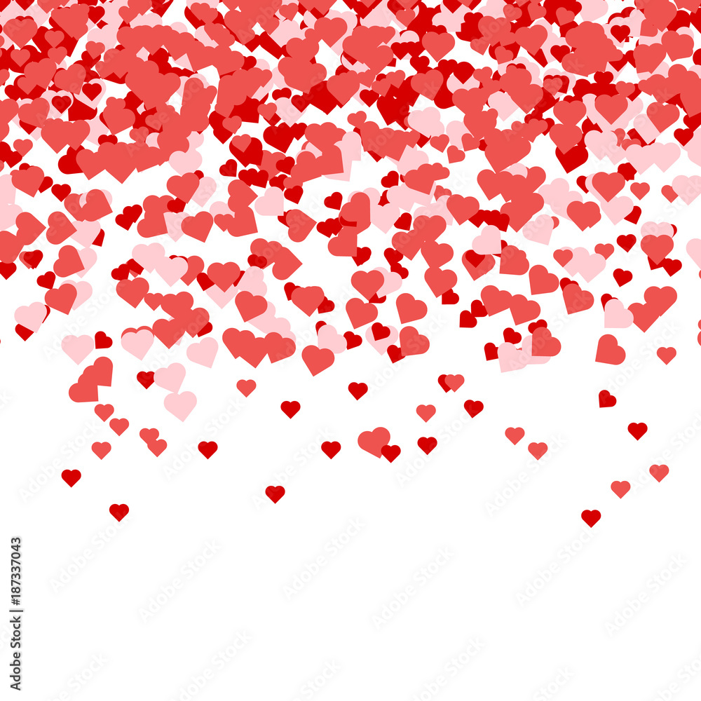 Heart confetti of Valentines petals falling on white background.