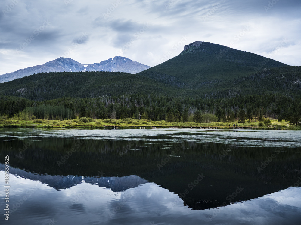 Lake and mountain reflection with woods in the Rocky mountains in twilight