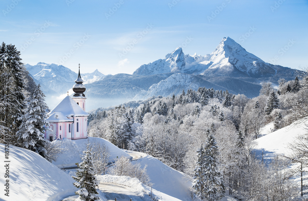 Church of Maria Gern with Watzmann mountain in winter, Berchtesgadener Land, Bavaria, Germany