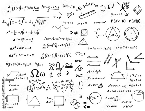Set of hand drawn mathematical formulas and signs