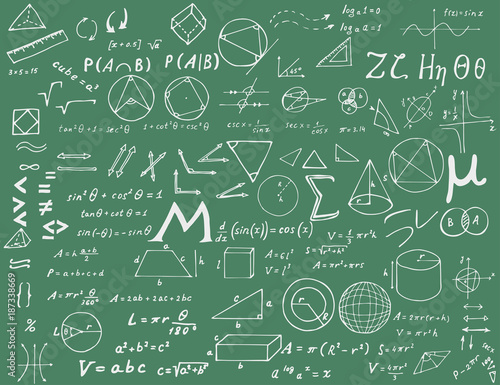 Set of hand drawn mathematical formulas and signs