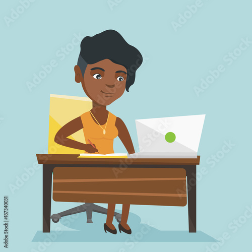 Young african student sitting at the table with a laptop and writing notes in notebook. Student using a laptop for education. Educational technology concept. Vector cartoon illustration. Square layout