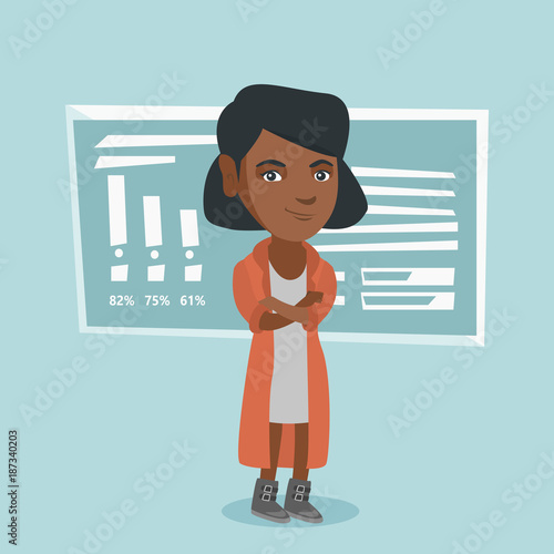 Young african-american teacher standing in front of classroom blackboard. Smiling teacher standing with croosed arms on the background of blackboard. Vector cartoon illustration. Square layout. photo