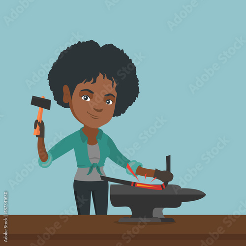 African-american blacksmith working metal with a hammer on the anvil in the forge. Young female blacksmith forging molten metal on the anvil in the smithy. Vector cartoon illustration. Square layout.