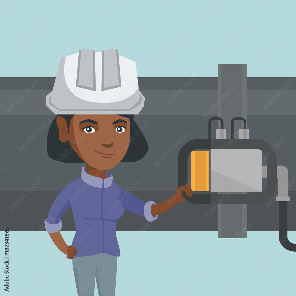 Young african operator of oil refinery plant checking the detector on the pipeline. Technician of oil refinery plant in hard hat maintaining the pipeline. Vector cartoon illustration. Square layout. Young african operator of oil refinery plant checking the detector on the pipeline. Technician of oil refinery plant in hard hat maintaining the pipeline. Vector cartoon illustration. Square layout.
