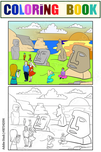 Easter Island excursions coloring, color, black and white vector