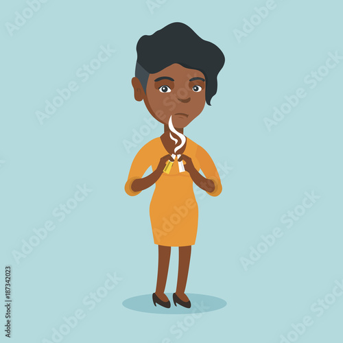 African-american woman breaking a cigarette. Young woman holding a broken cigarette. Concept of quit smoking and healthy lifestyle. Vector cartoon illustration. Square layout.