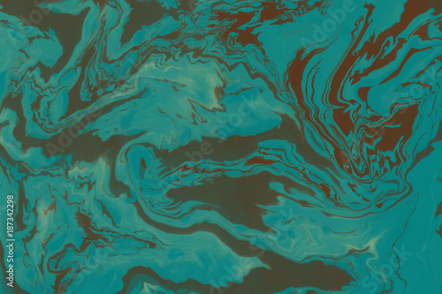 Suminagashi marble texture hand painted with teal ink. Digital paper 161 performed in traditional japanese suminagashi floating ink technique. Elegant liquid abstract background.